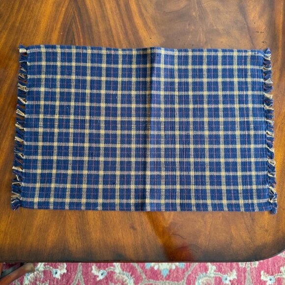 4 Woven Placemats Blue Plaid Beige Fringe 21 x 13 Cotton - Picture 3 of 10